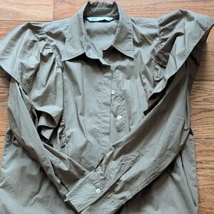 Zara ruffle Tan Button Down Shirt